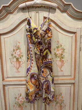 Milly Paisley Tie-Front Spaghetti Strap Mini Dress in Purple, Yellow Y2K